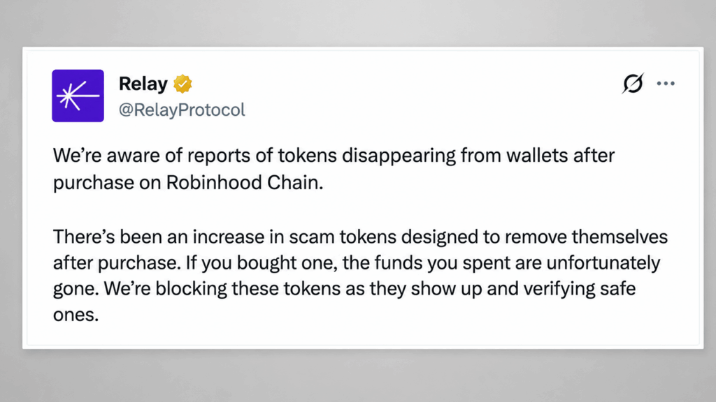 Relay Protocol Warns of Robinhood Chain Honeypot Coins